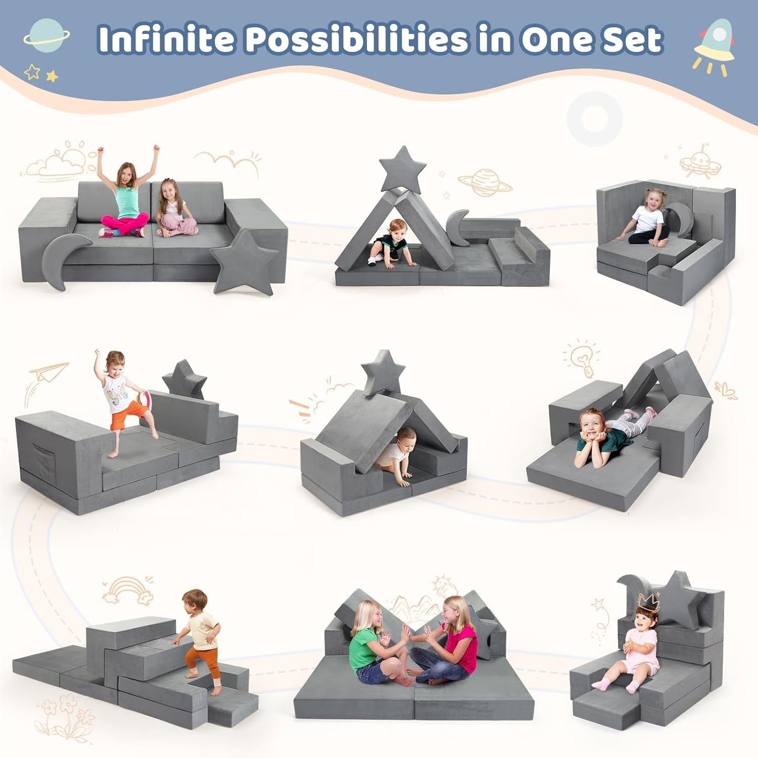 Modular Kids Sofa Set 9-Piece Foam Blocks, Foldable 2-Seater, Soft & Washable