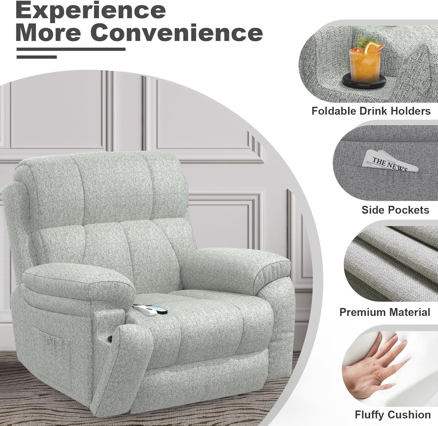 Oversize Lift Recliner Chair Massage Heat USB-C Footrest w/ Pockets Light Grey