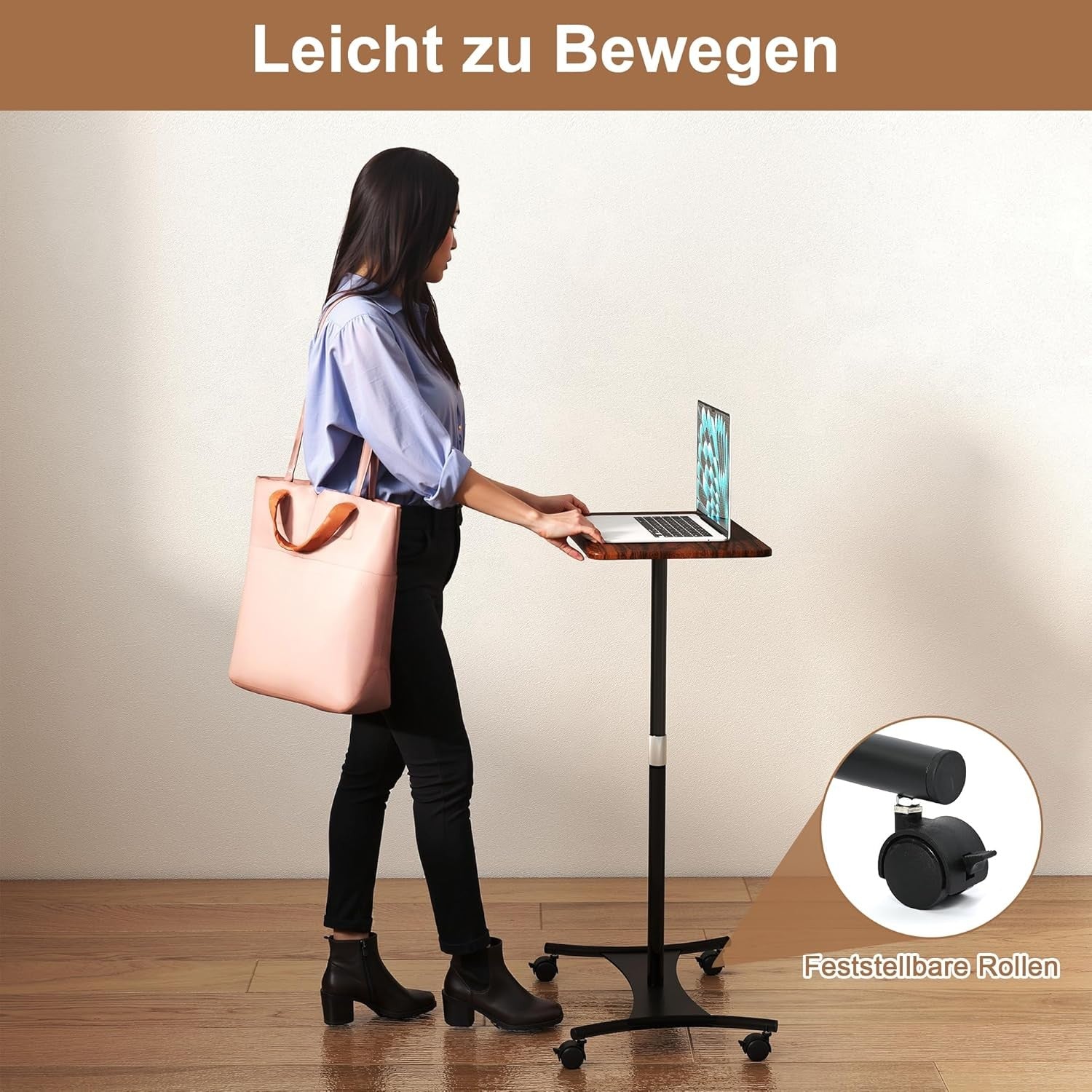 Mobile Standing Desk Height Adjustable Laptop Table with Wheels Black