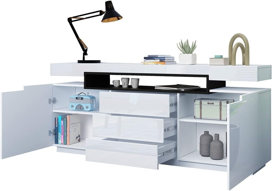 White High Gloss Sideboard Cabinet TV Stand with LED Light 2 Doors 3 Drawers