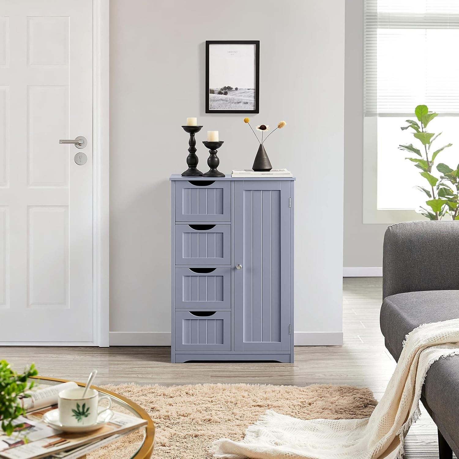 Grey Wooden Bathroom Cabinet 4 Drawer Storage Cupboard Organizer Unit