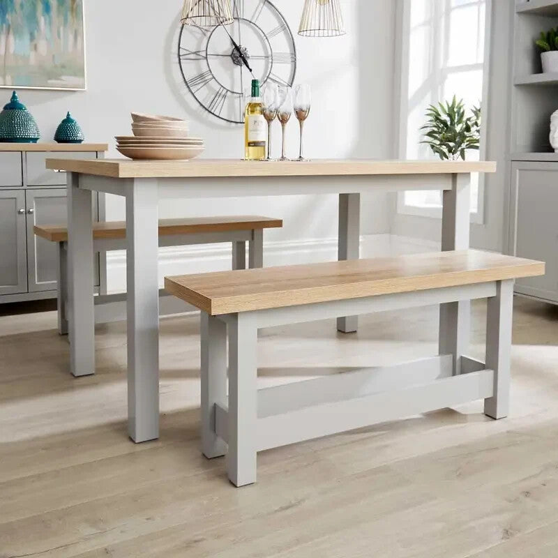 Oak Effect Dining Table & 2 Bench Set Grey Painted MDF Compact Kitchen Set