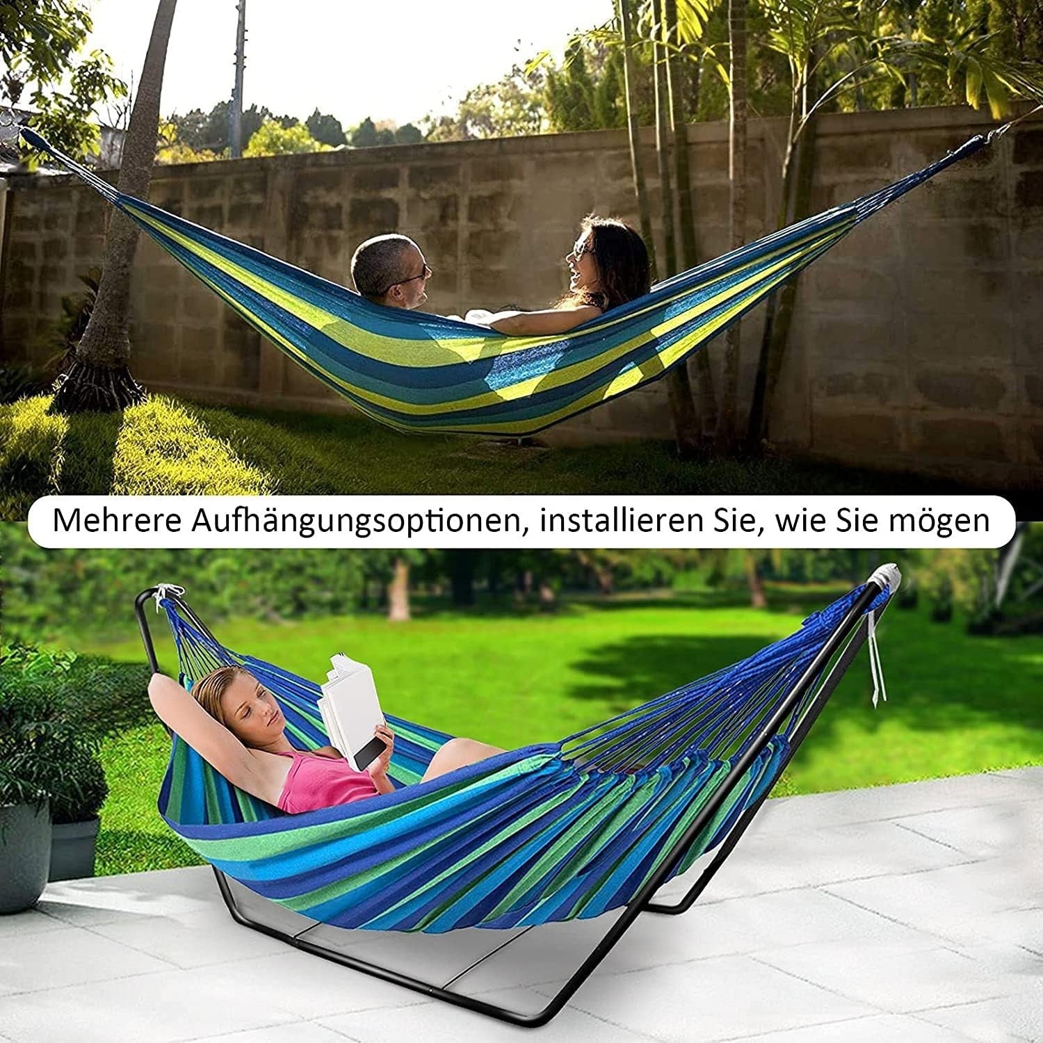 Space-Saving Double Cotton Hammock with Adjustable Steel Stand + Carry Bag