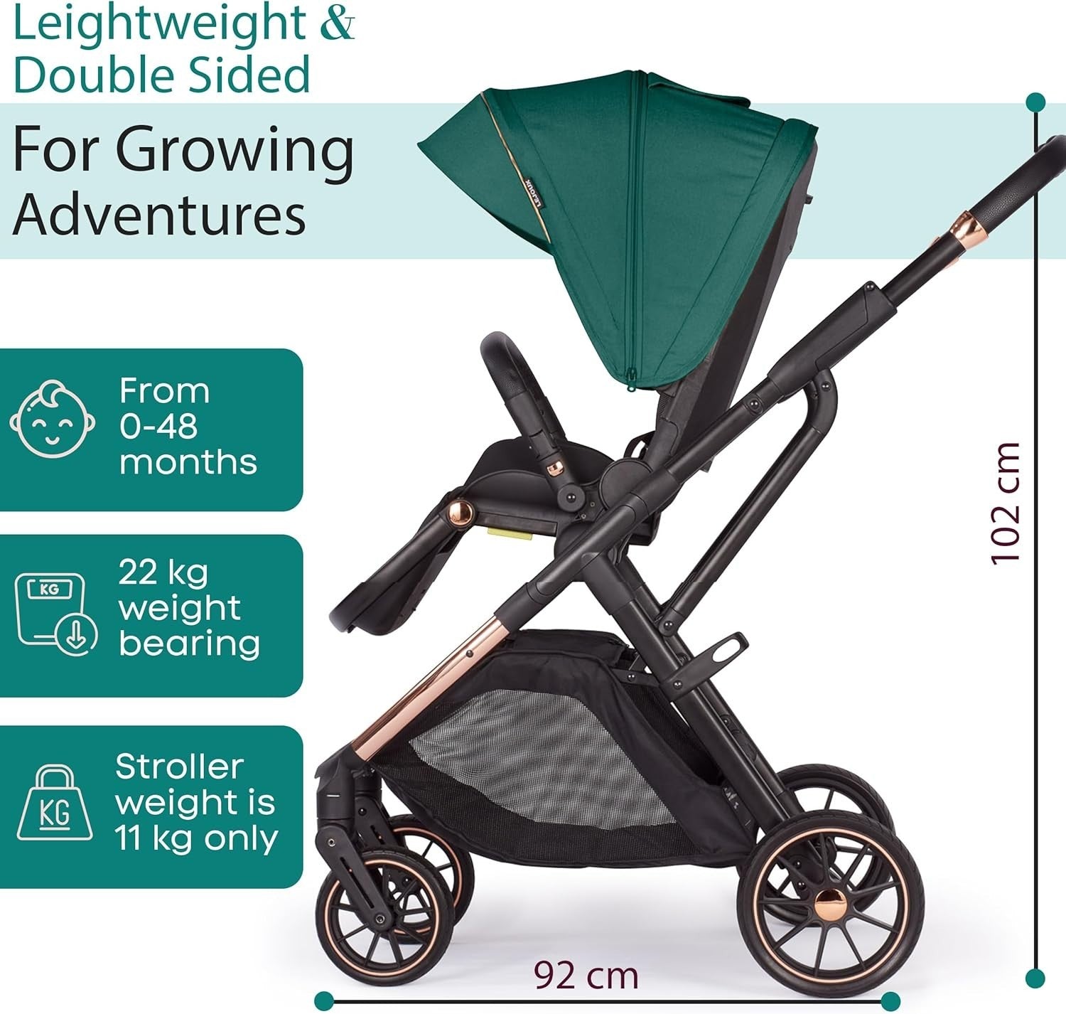 Baby Pushchair Reclining Seat Smooth Suspension Compact Stroller Green