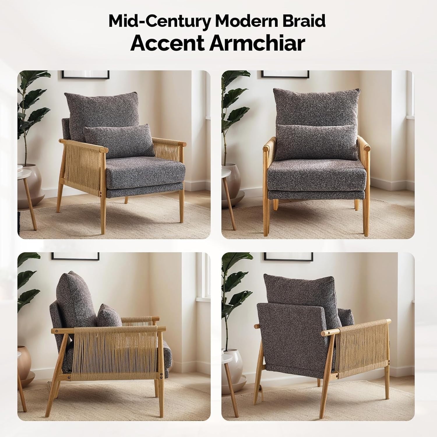 Rattan Accent Chair with Cushions, Modern Lounge Armchair for Living Room
