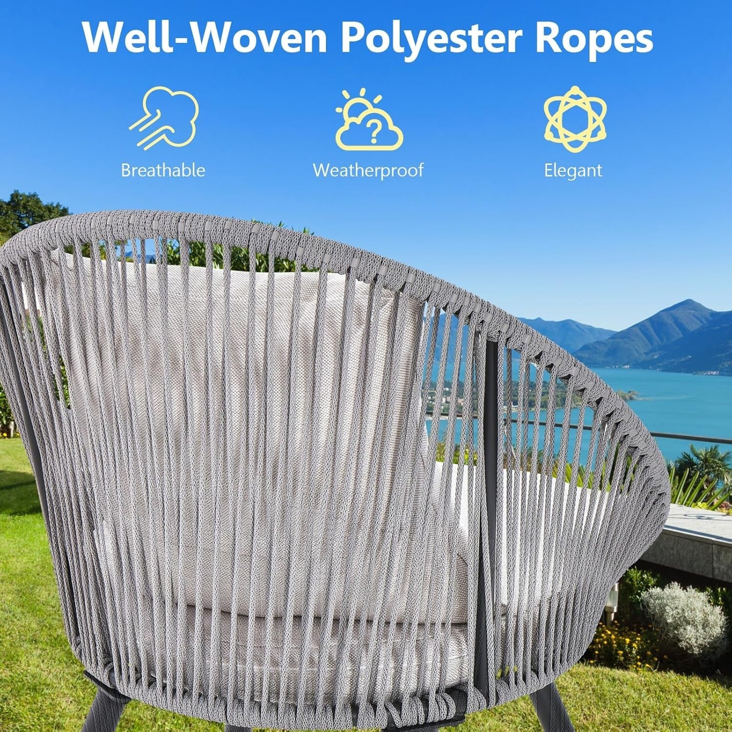 Modern Rattan Bistro Chair Set Tempered Glass Table Cushioned Garden Patio