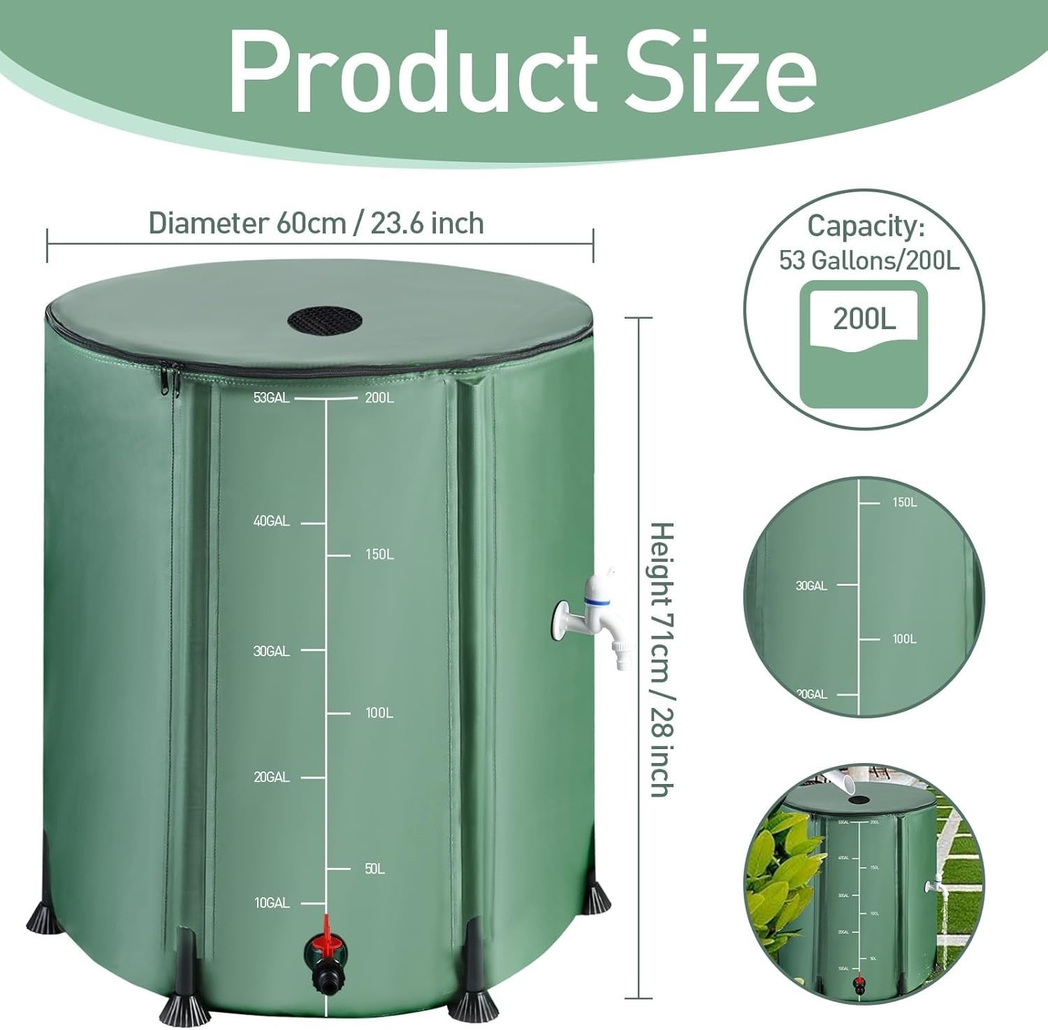 200L Collapsible Green Rain Barrel with Filter, Spigots & Overflow Kit