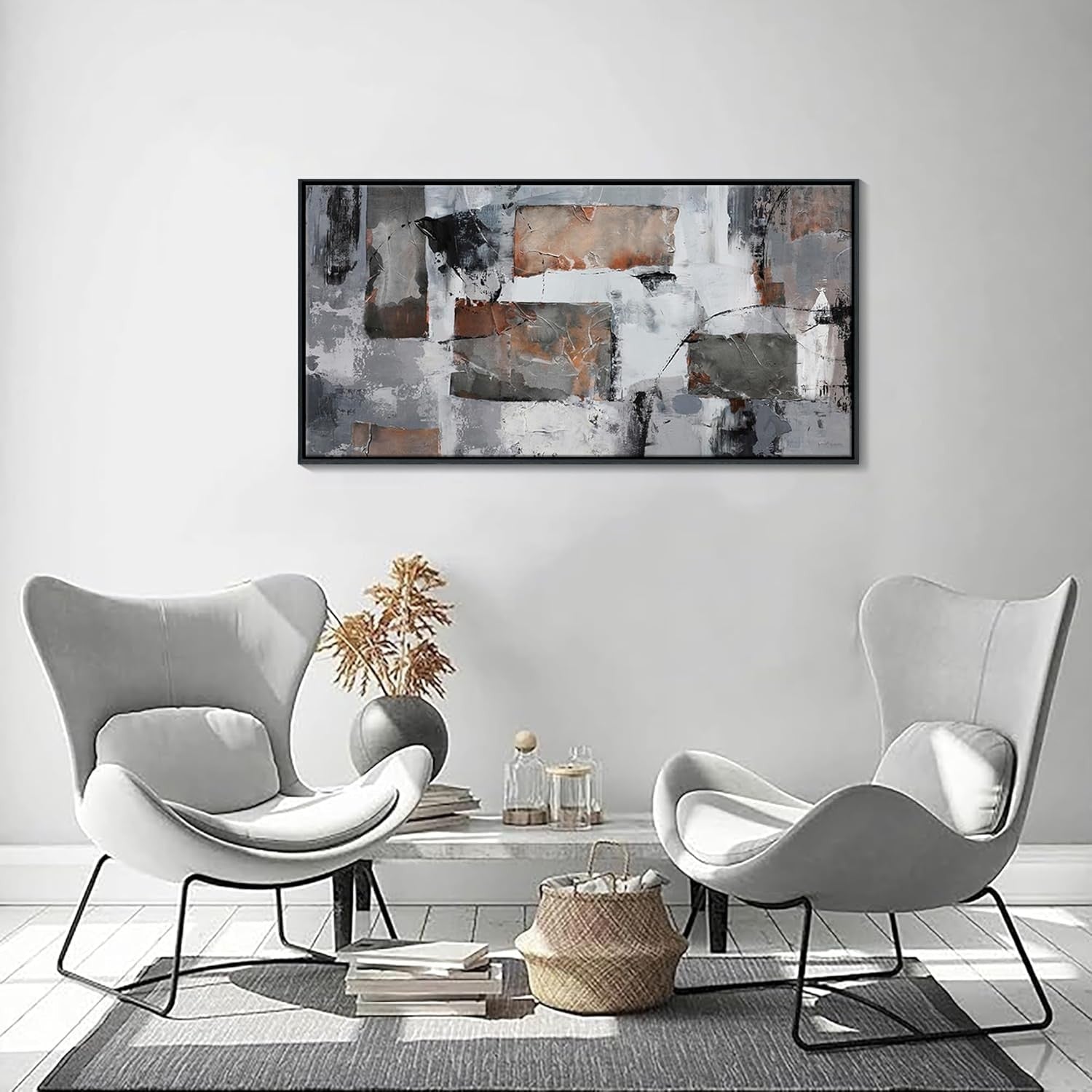 Large Abstract Wall Art Grey Black Framed Canvas