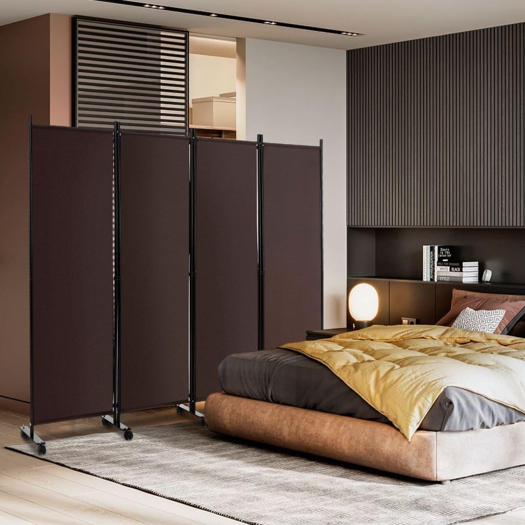 4 Panel Espresso Folding Room Divider Privacy Screen on Wheels for Home Office