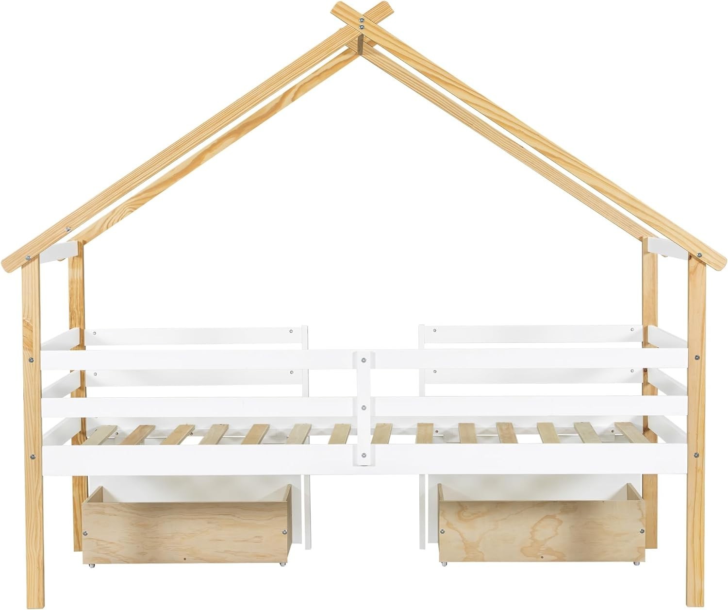 Kids Wooden Bed Frame 3ft Single 90x190cm w/ Guardrail Roof Design & Storage