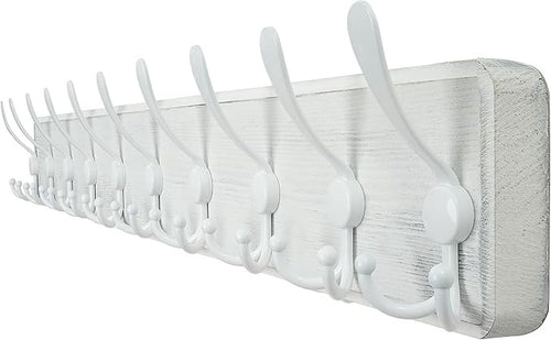 Rustic White Wall Mounted Coat Rack 98cm | 10 Triple Hooks Wooden Hanger