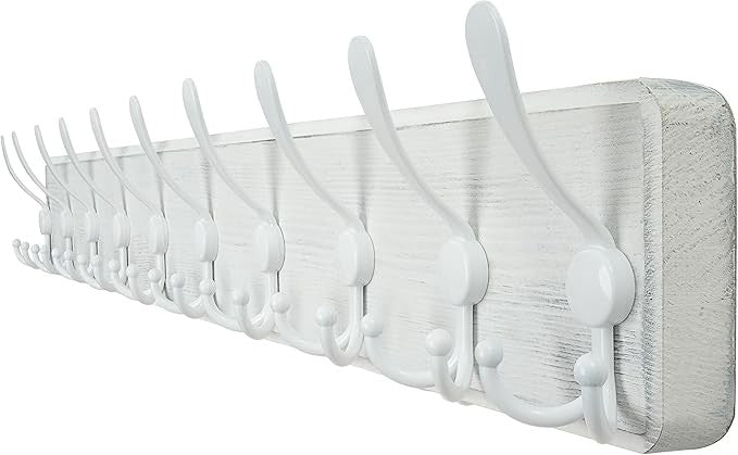 Rustic White Wall Mounted Coat Rack 98cm | 10 Triple Hooks Wooden Hanger