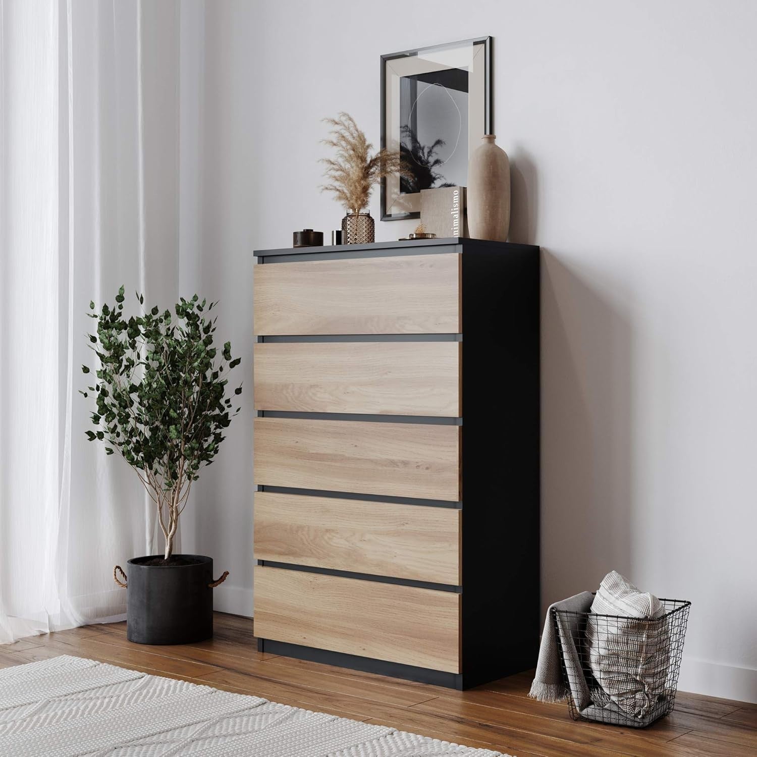 Modern 5-Drawer Wooden Chest Cabinet No Handles | Oak Finish Storage Unit