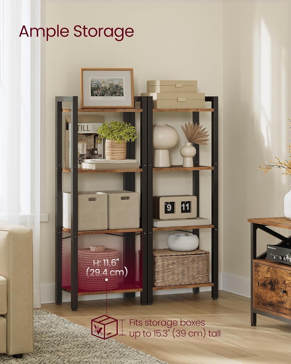 4-Tier Industrial Bookcase Rustic Brown – Compact Narrow Ladder Shelf Unit
