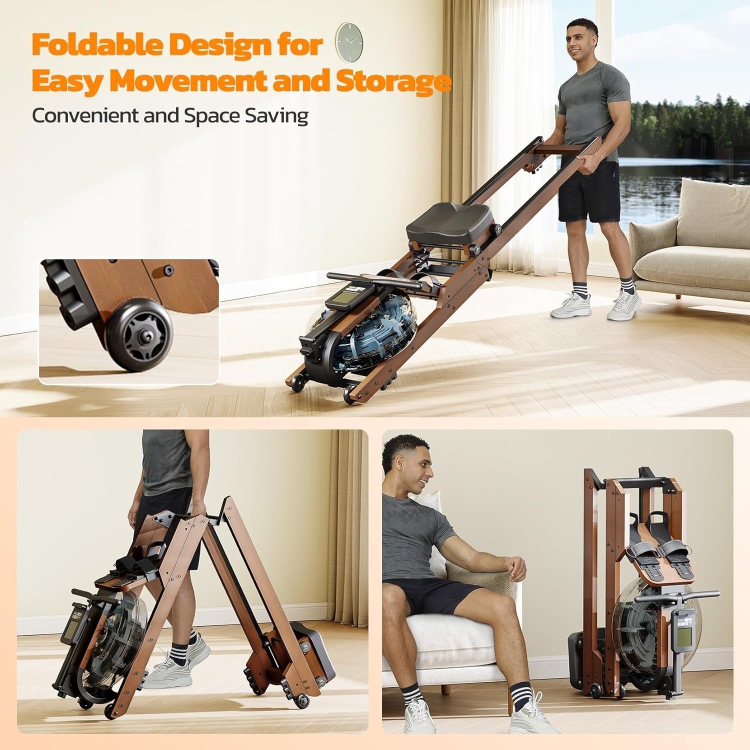 Foldable Oak Wood Water Rowing Machine Bluetooth LCD Home Rower 350LB Capacity