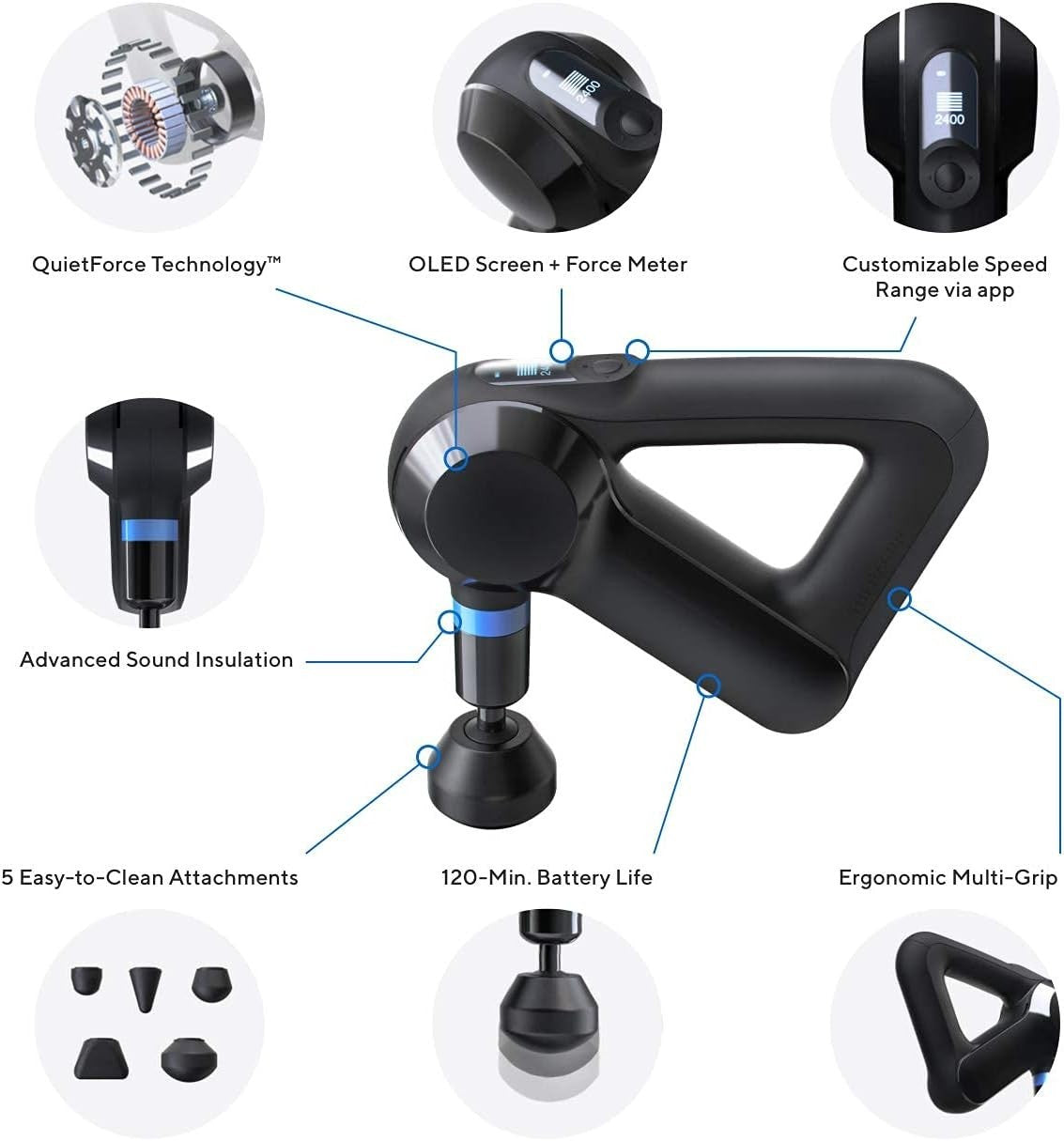 Deep Tissue Massage Gun Percussion Muscle Recovery Quiet Ergonomic 5 Heads