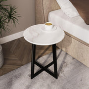40cm Round White Marble Look Coffee Side End Table Small Modern Steel Legs