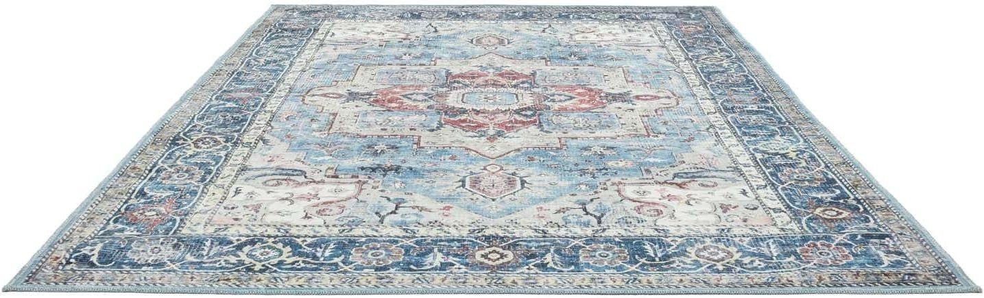 Large Oriental Area Rug 240x340cm Blue Multi Low Pile Machine Washable