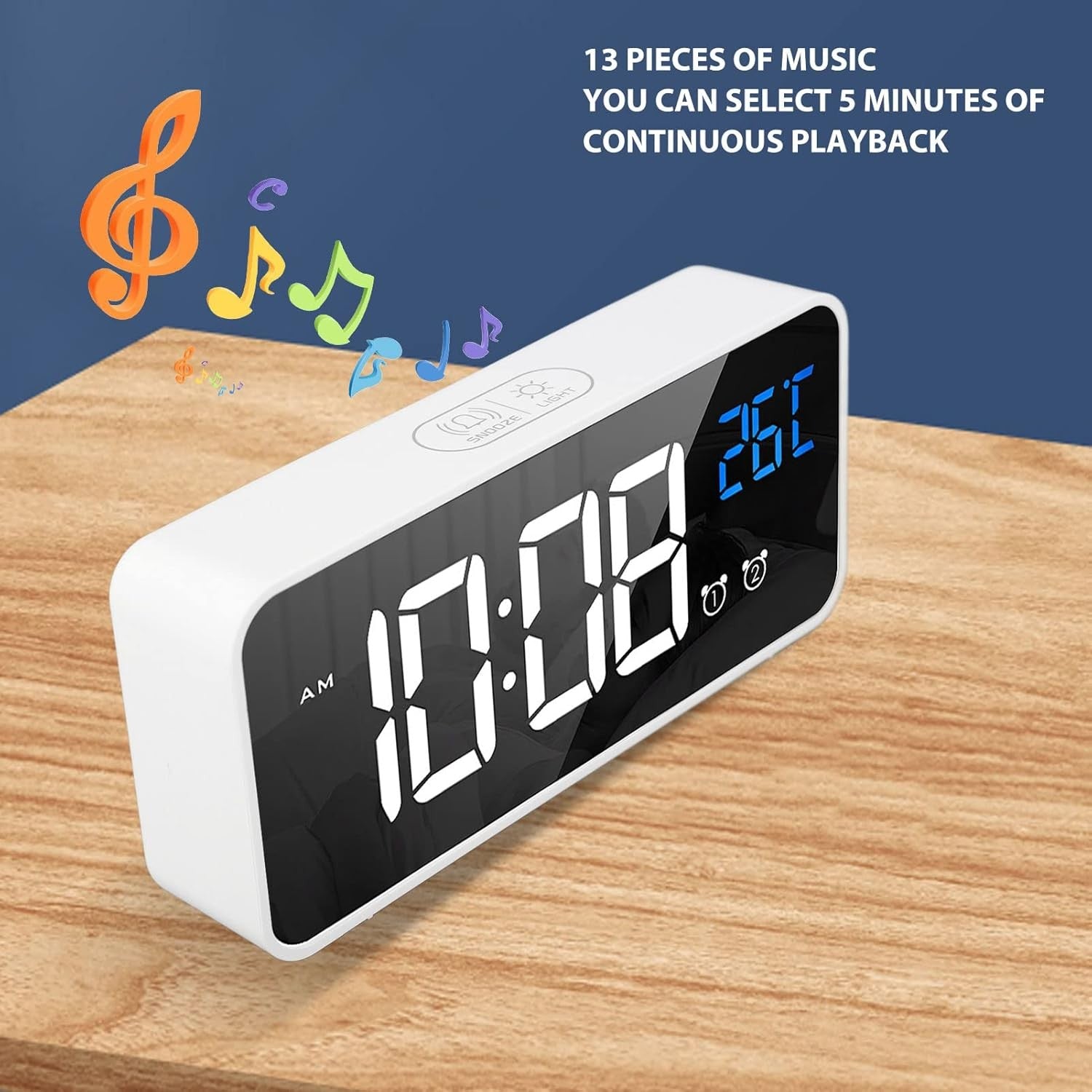 Digital Alarm Clock Large LED Display Voice Control Rechargeable Dual Alarm