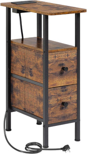 Rustic Slim Bedside Table with Charging Station, 2 Drawers & Open Shelf Storage