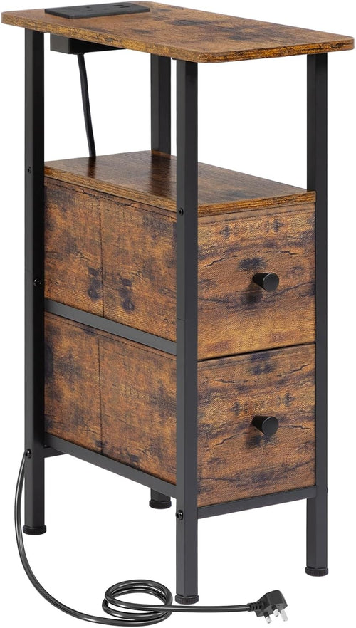 Rustic Slim Bedside Table with Charging Station, 2 Drawers & Open Shelf Storage