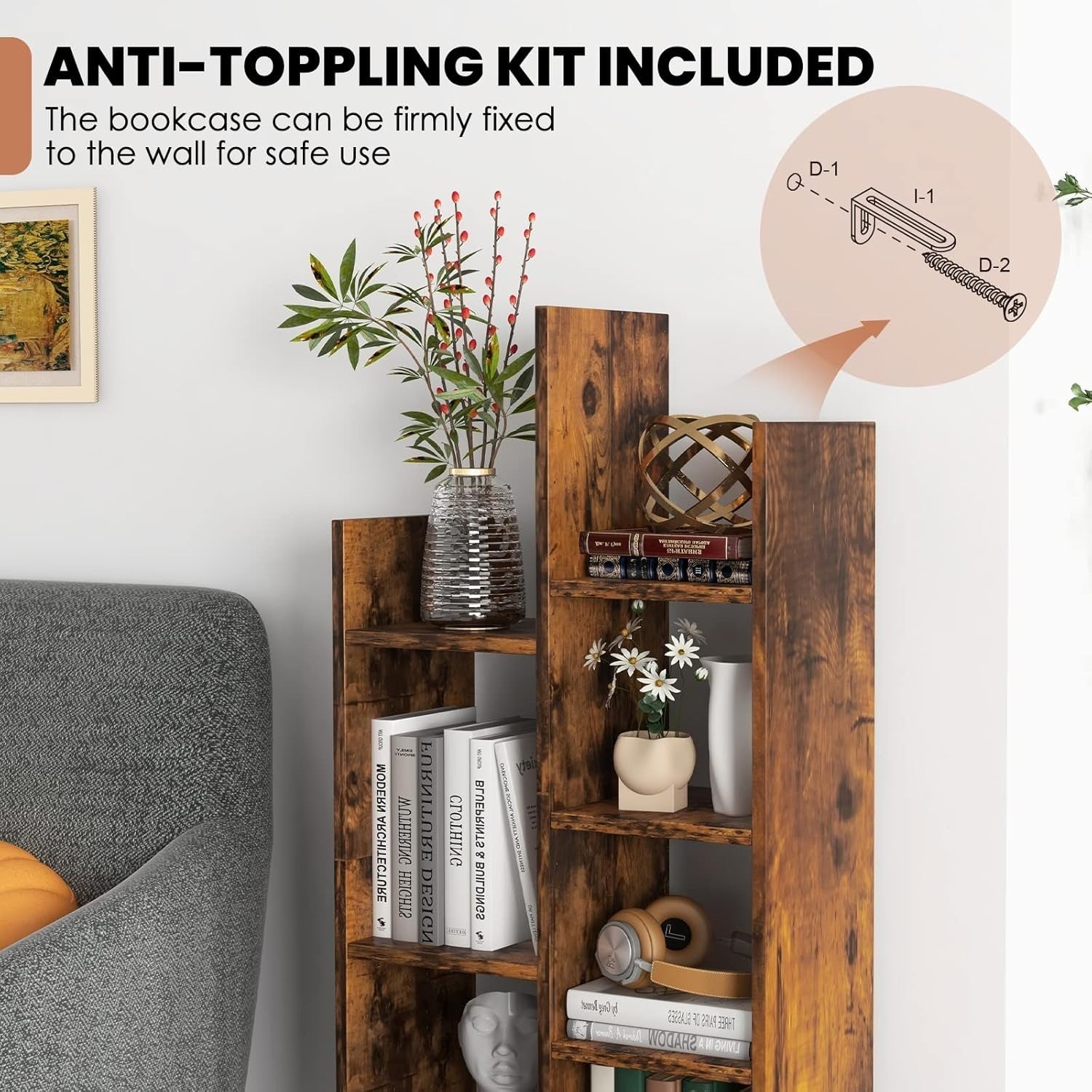 7-Tier Rustic Brown Wooden Bookshelf with Drawer, Space-Saving Storage