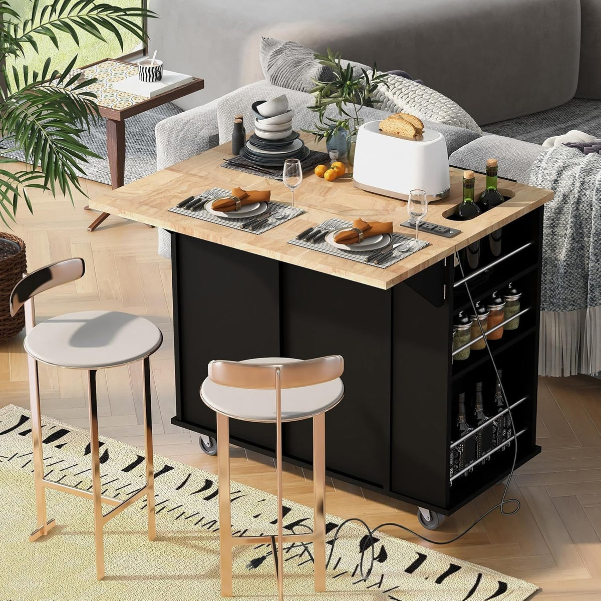 Rolling Kitchen Island Cart with Drop Leaf, Power Outlet & Wine Rack, Black
