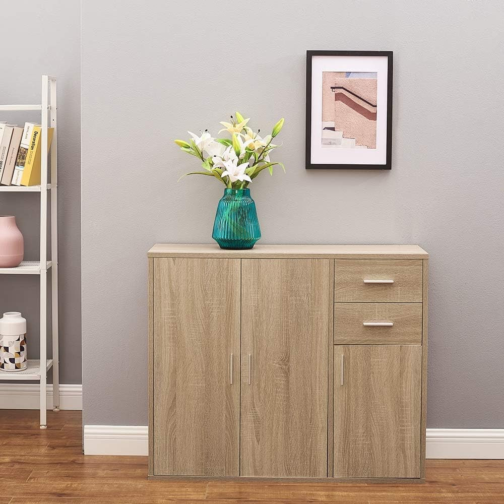 Oak Sideboard Cabinet with Drawers & Doors Modern Storage Cupboard 100cm