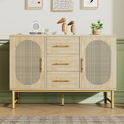 Rattan Sideboard Oak Storage Cabinet 3 Drawers 2 Doors 120cm Boho Chic