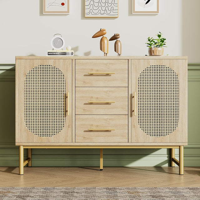 Rattan Sideboard Oak Storage Cabinet 3 Drawers 2 Doors 120cm Boho Chic