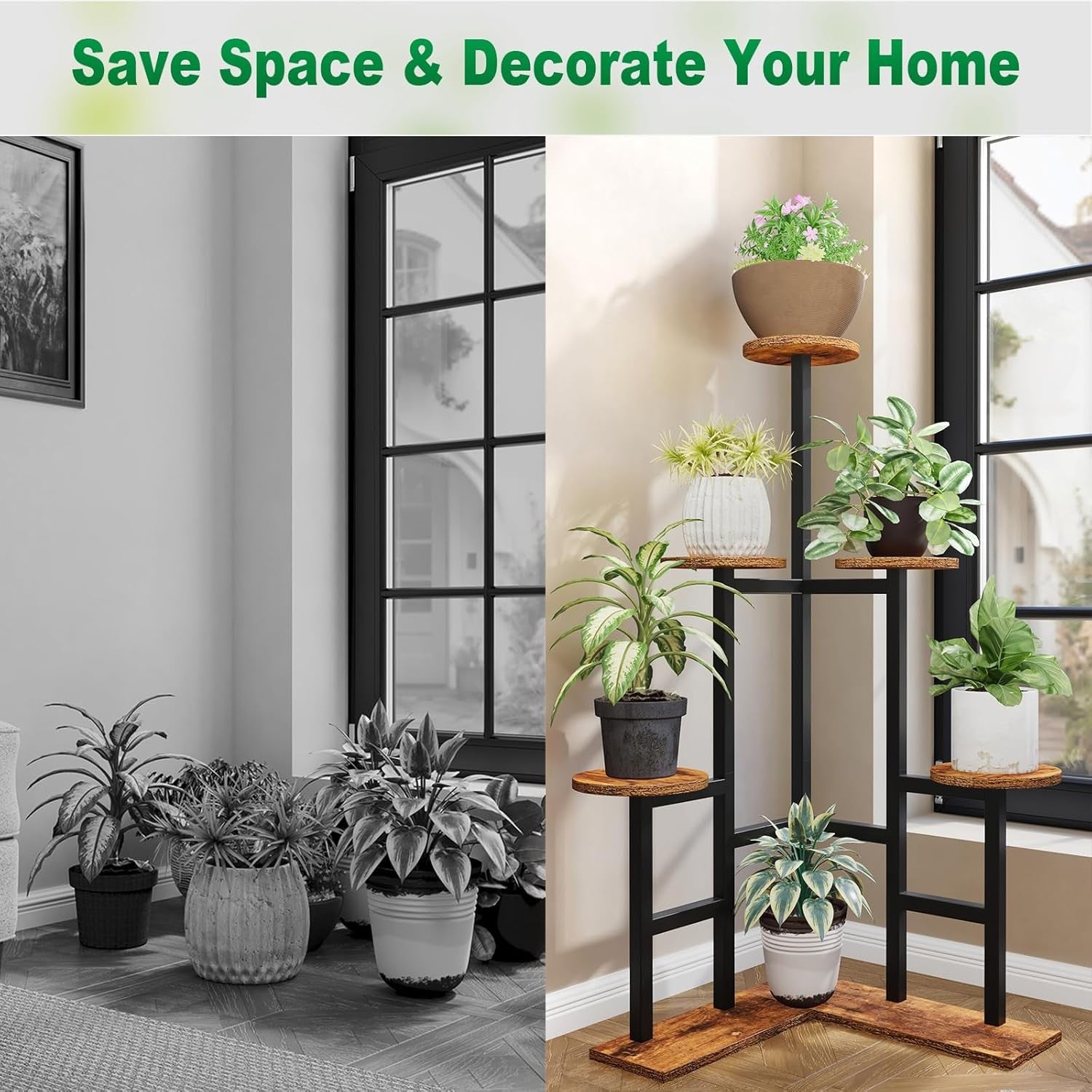 6 Tier Rustic Brown Metal Wood Plant Stand | Indoor Corner Shelf for Multiple