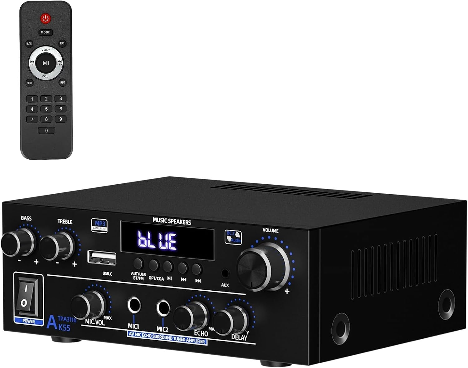 1000W Bluetooth 5.3 Stereo Amplifier 2 Channel HiFi USB FM MIC