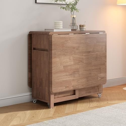 Space Saving Foldable Dining Table on Wheels Solid Wood Extending Kitchen Table