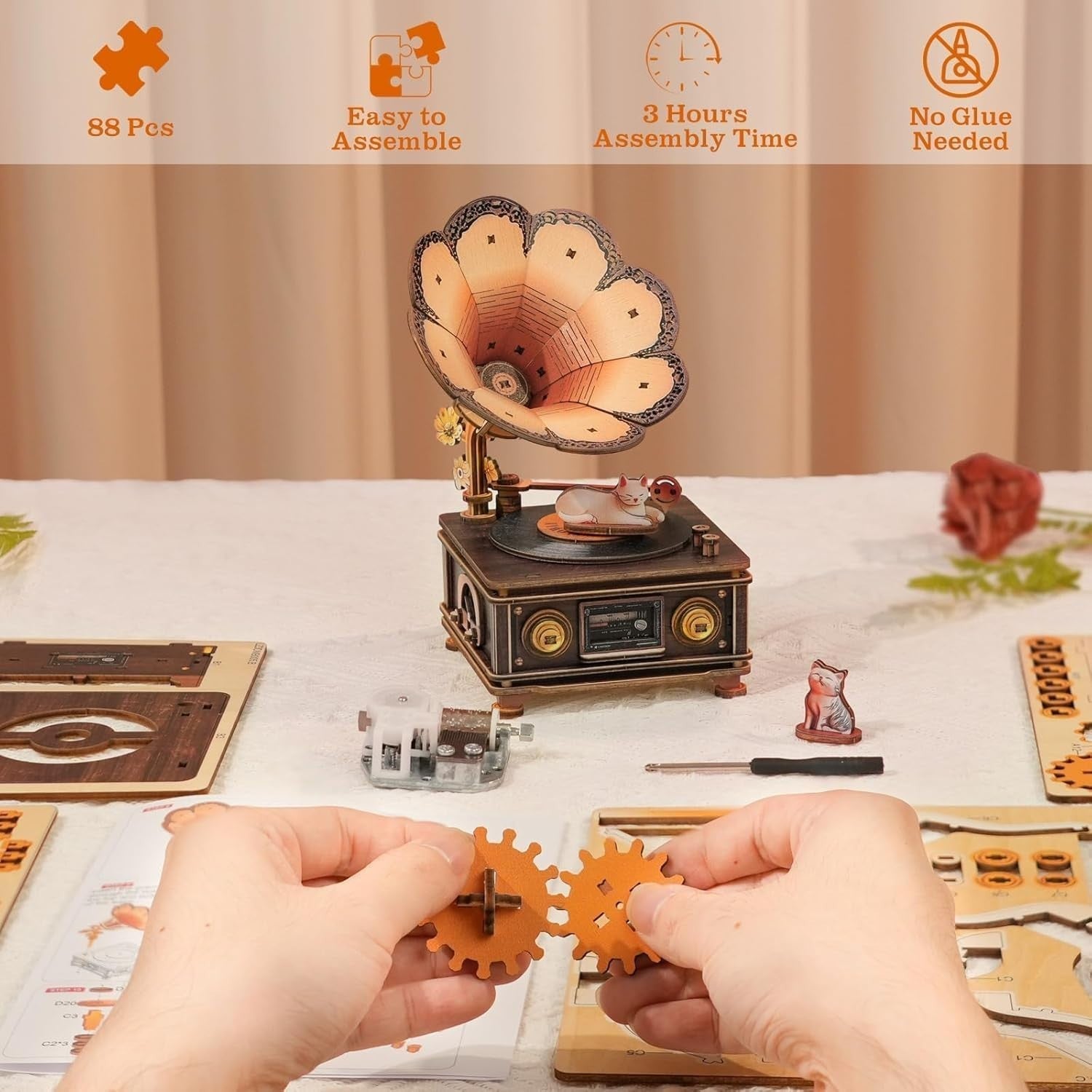 3D Wooden Cat Music Box Puzzle DIY Gramophone Model Kit Desk Decor