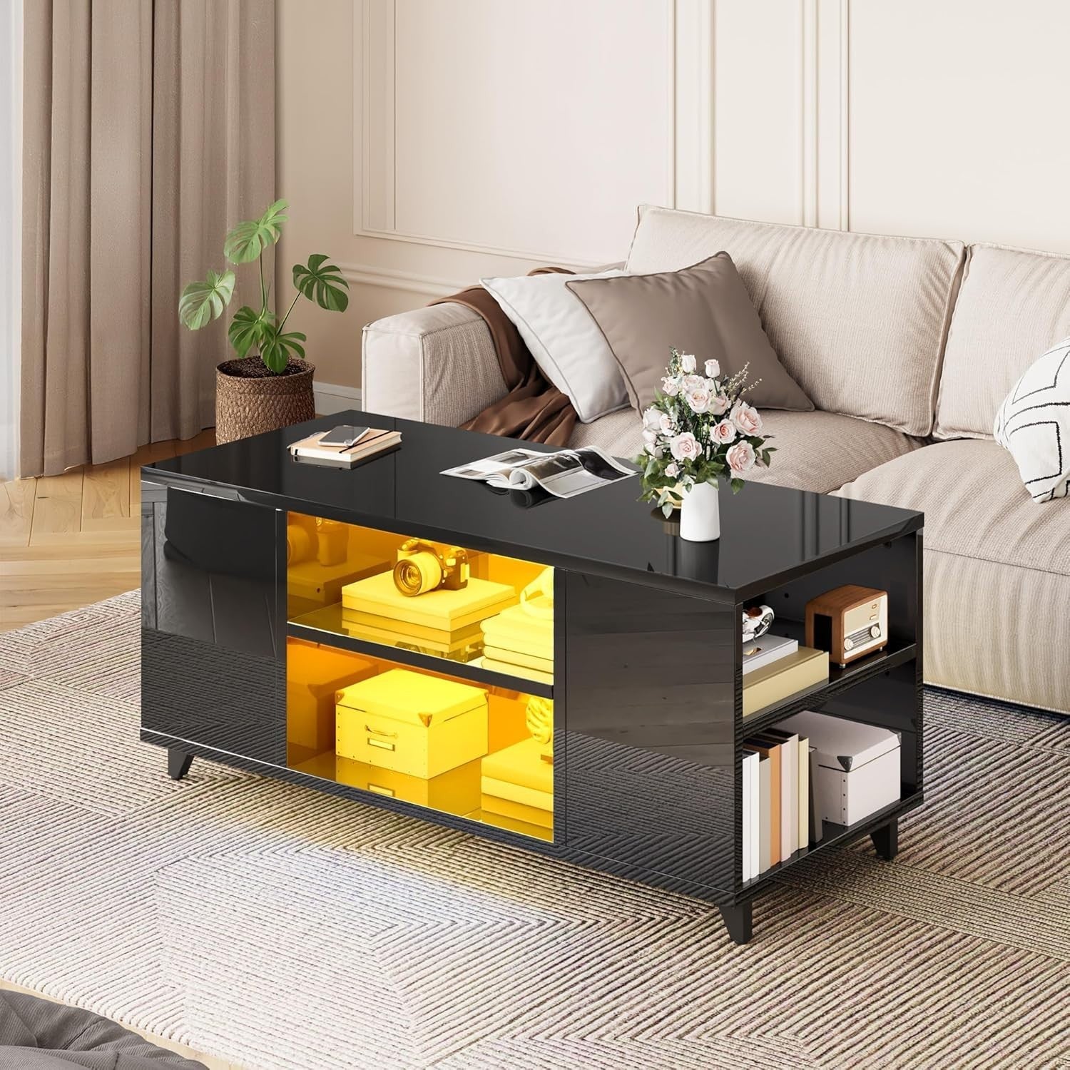 Black High Gloss LED Coffee Table with Adjustable Storage, 97.5x48cm