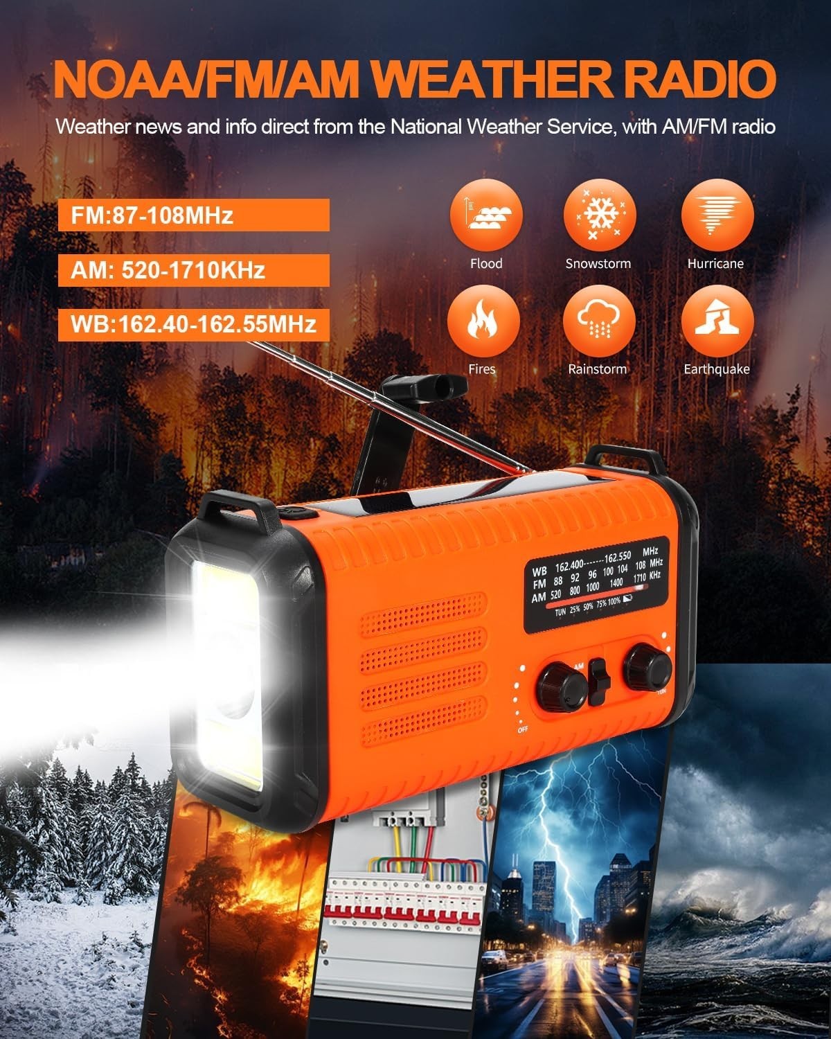 Wind Up Orange Solar Emergency Radio with 20000mAh Battery, AM/FM & Flashlight