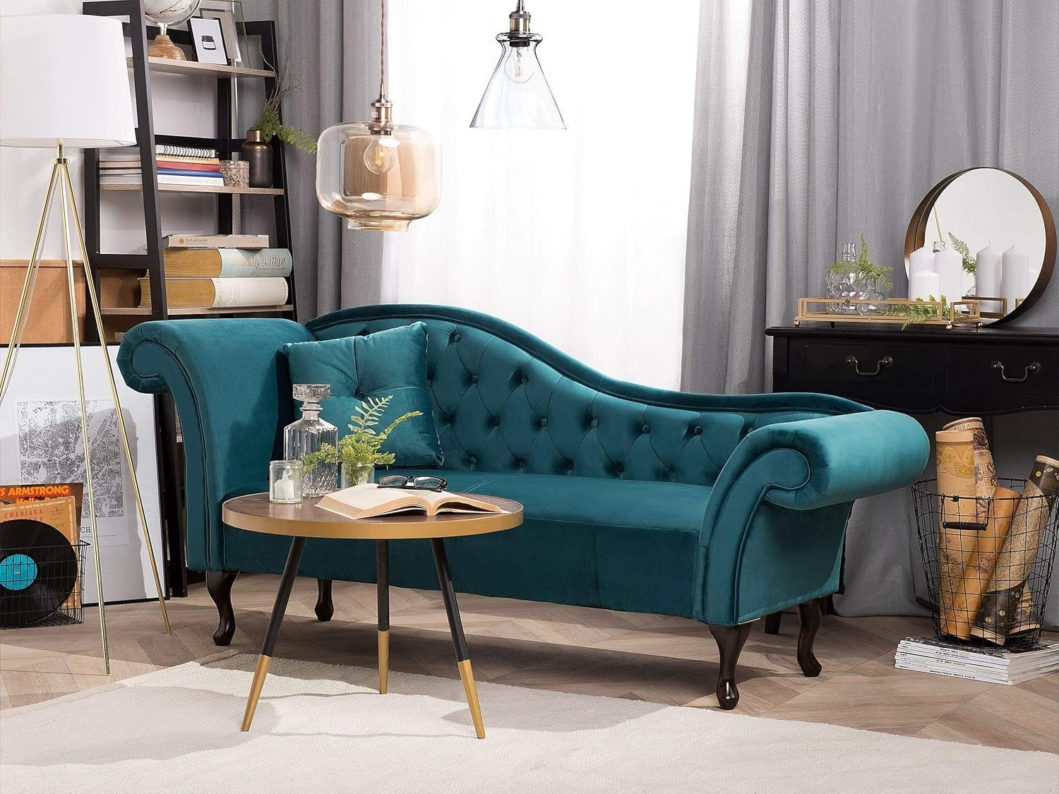 Vintage Teal Velvet Left Hand Chaise Lounge Button Tufted Wood Legs
