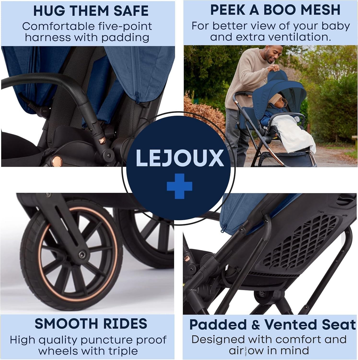 Baby Pushchair Reclining Seat Smooth Suspension Compact Stroller Blue