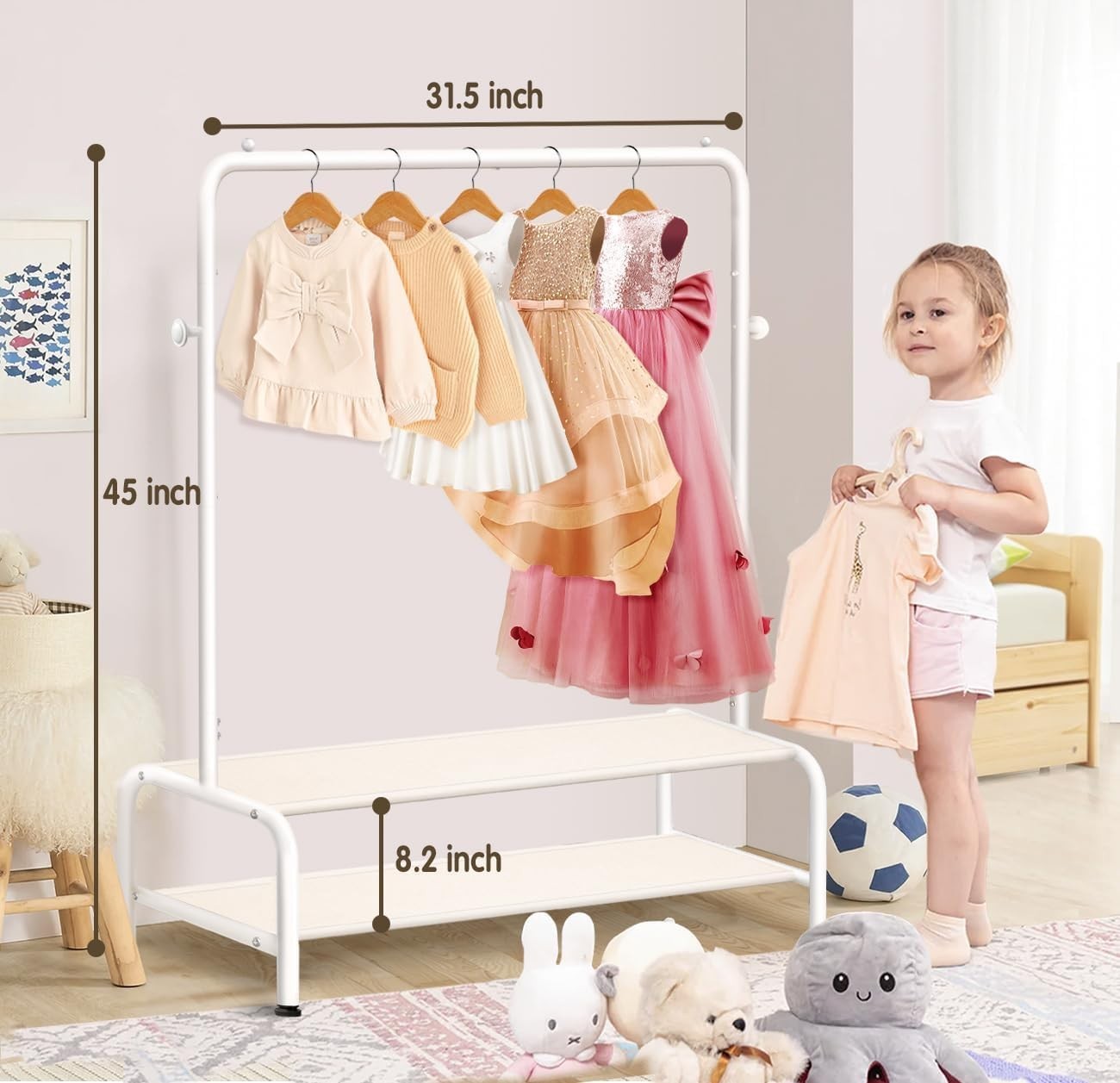 Kids Clothes Rail White Mini Dress Up Rack with 2 Shelves