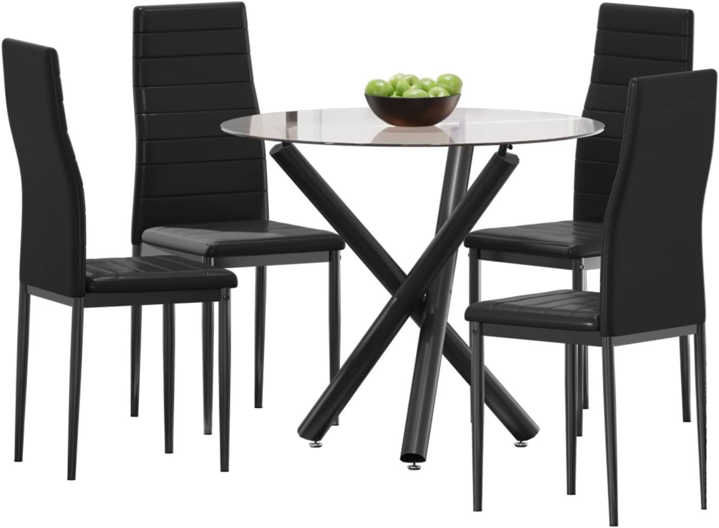 Modern Glass Dining Table Set 4 Black PU Leather Chairs Round Table