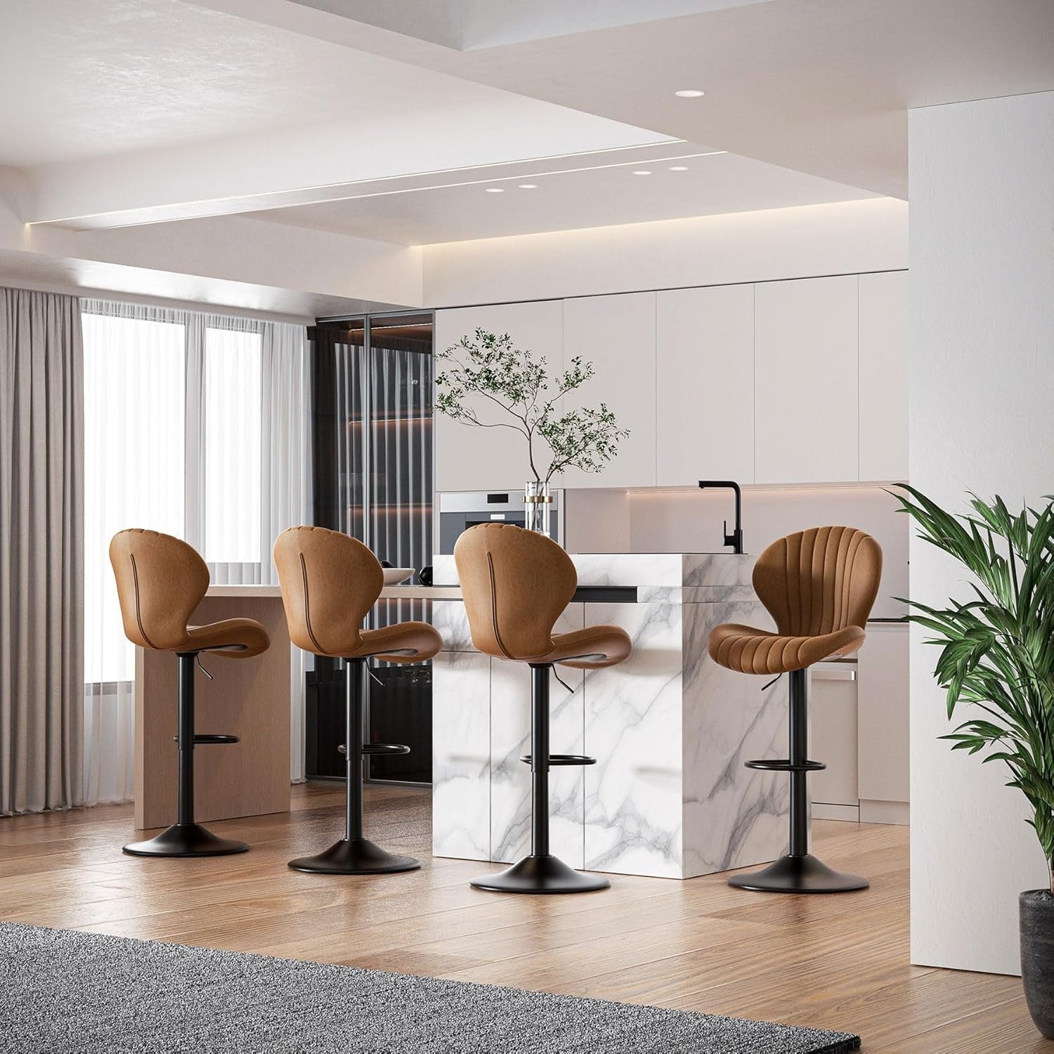 Brown Fabric Bar Stools Set of 2 Swivel Wooden Metal Counter Chairs