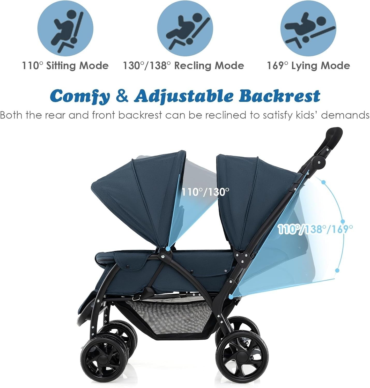 Navy Blue Double Baby Stroller Tandem Pushchair Foldable 30kg