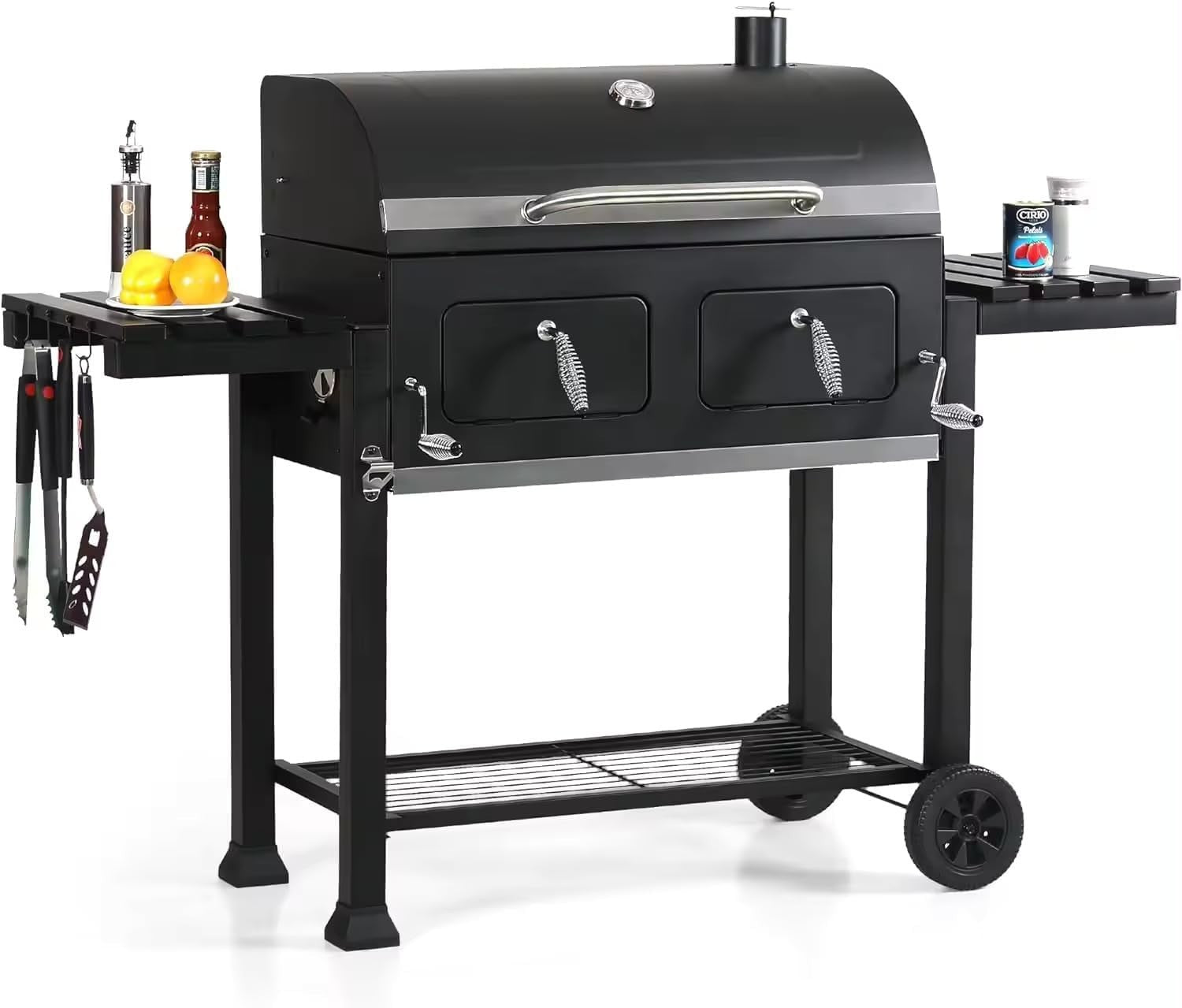 XXL Charcoal BBQ Grill with Side Tables & Thermometer | Large Outdoor Smoker