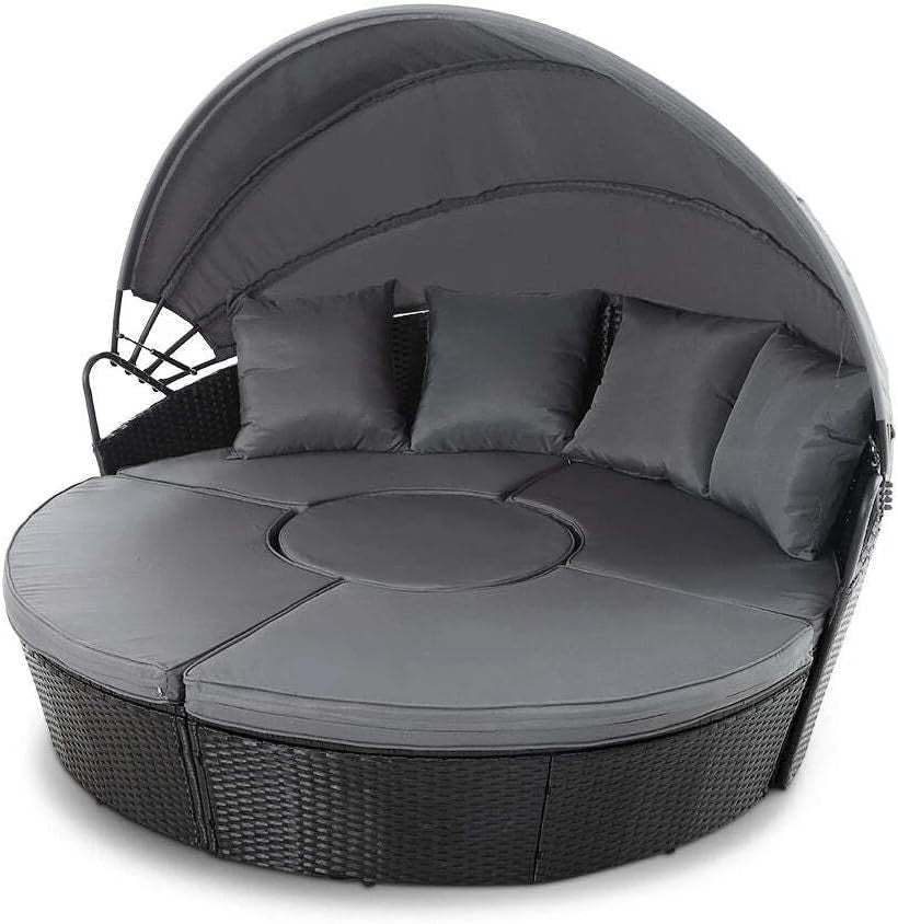 5 Piece Outdoor Rattan Day Bed Set with Retractable Canopy & Cushions