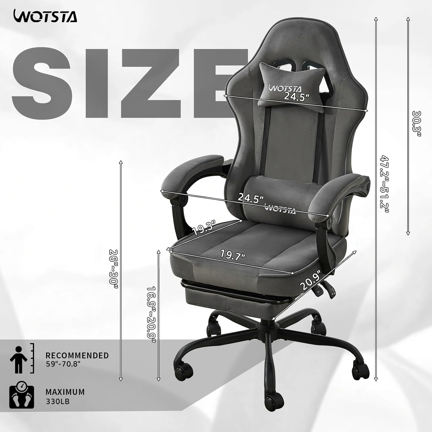 Ergonomic Suede Gaming Chair with Footrest & Lumbar Support, 330LB Capacity