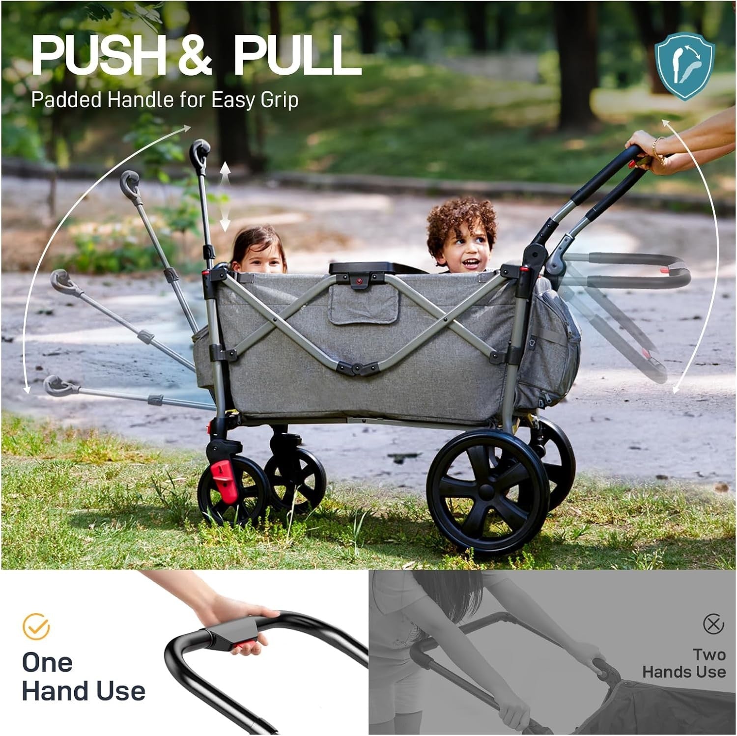 Stroller Wagon for 2 Kids with Seats & Canopy – Push Pull Cart w/ Harnesses