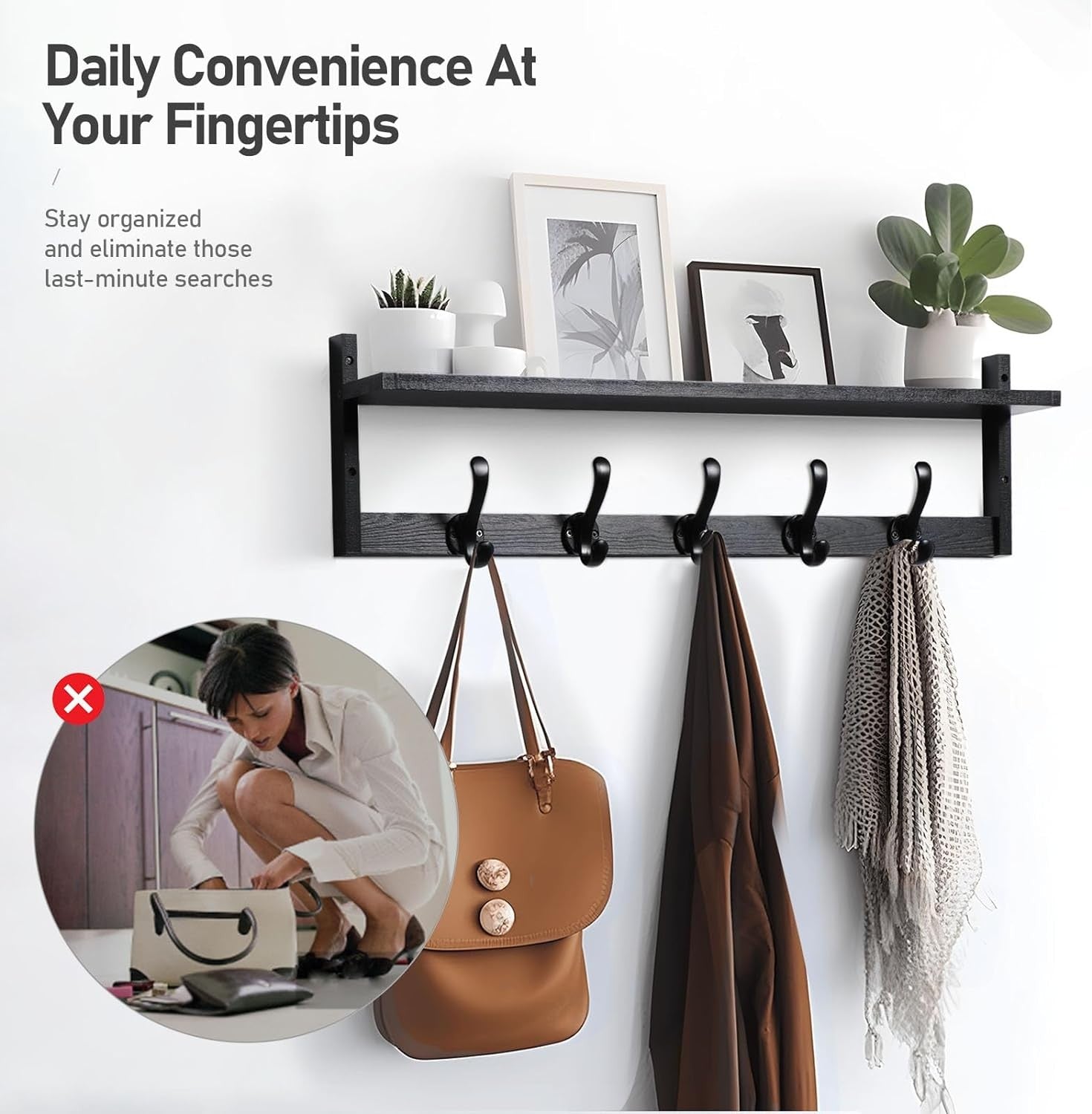 29” Black Wall Mounted Coat Rack with Shelf | 5 Hooks Rustic Entryway