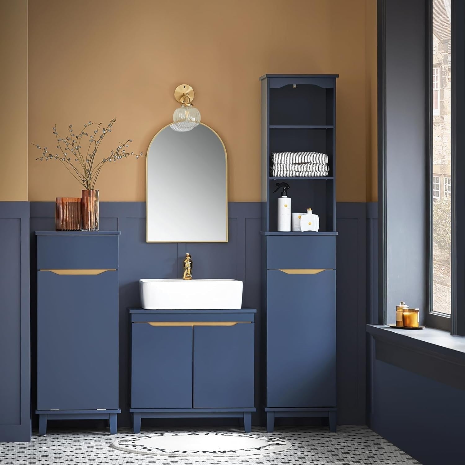 Slim Laundry Storage Cabinet with Built-In Basket & Drawer, Navy Blue
