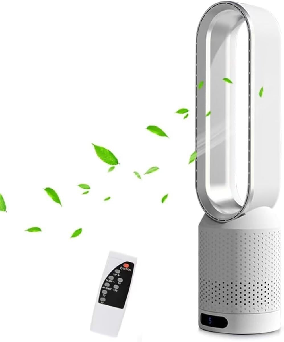 Bladeless Tower Fan 2-in-1 Air Purifier 8-Speed LED Touch Remote Control Silver