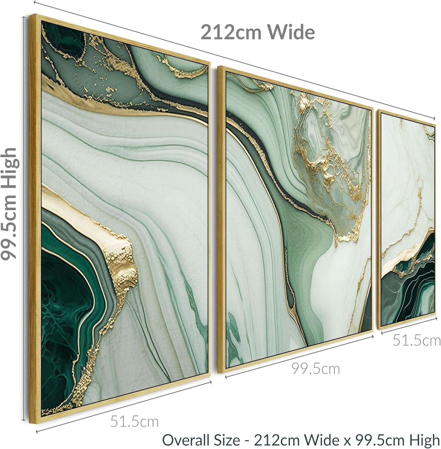 3Pcs Green & Gold Abstract Canvas – Large Framed Wall Art Set